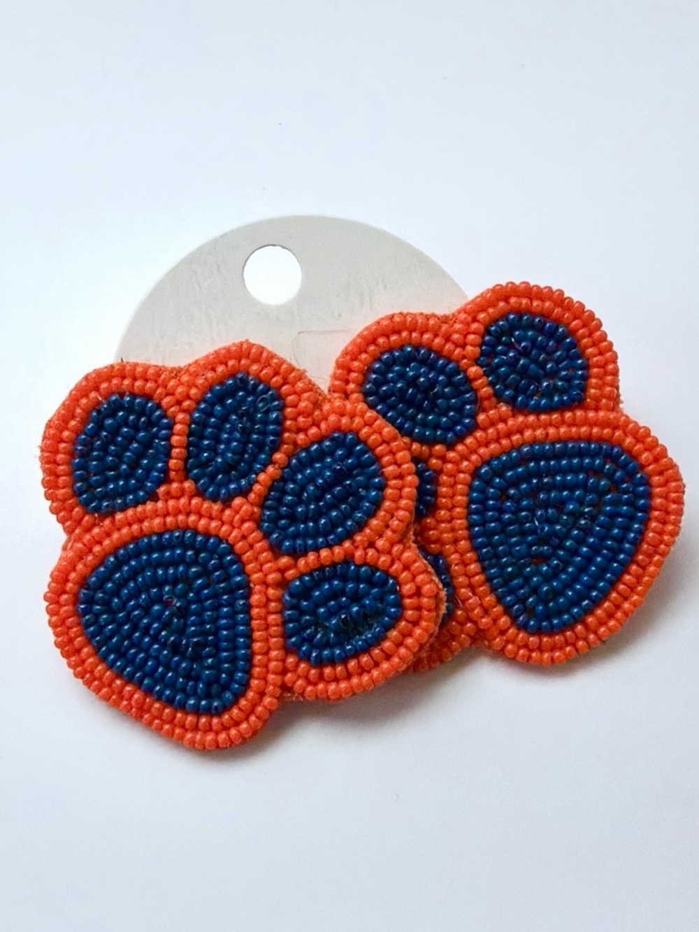 Handmade Orange and Navy Beaded Paw Print Earrings